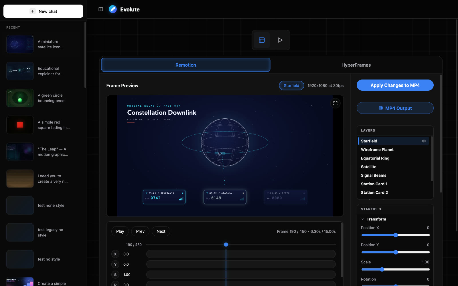 The Remotion editor workspace with layer list, transform controls, and timeline