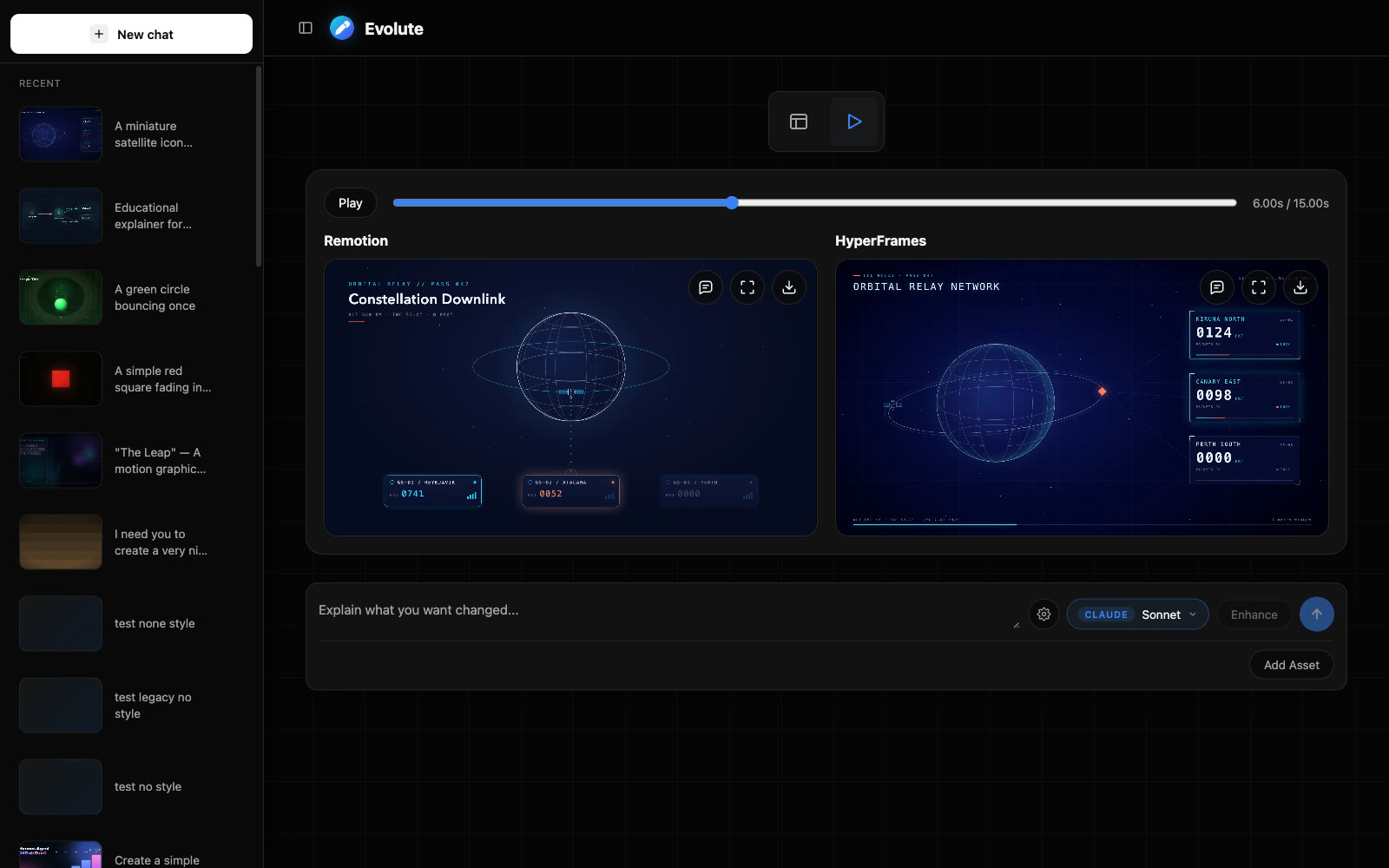 Remotion and HyperFrames previews side by side in the Evolute workspace